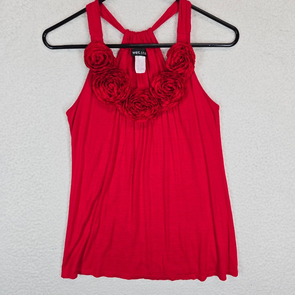 Wet Seal Women Halter Tank Top Small Red 3D Rosette Floral Y2K Romantic Coquette